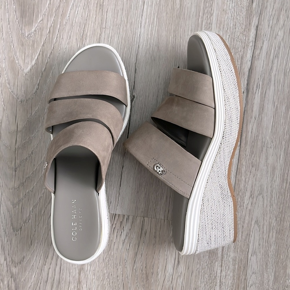 Cole Haan gray and taupe wedge sandals